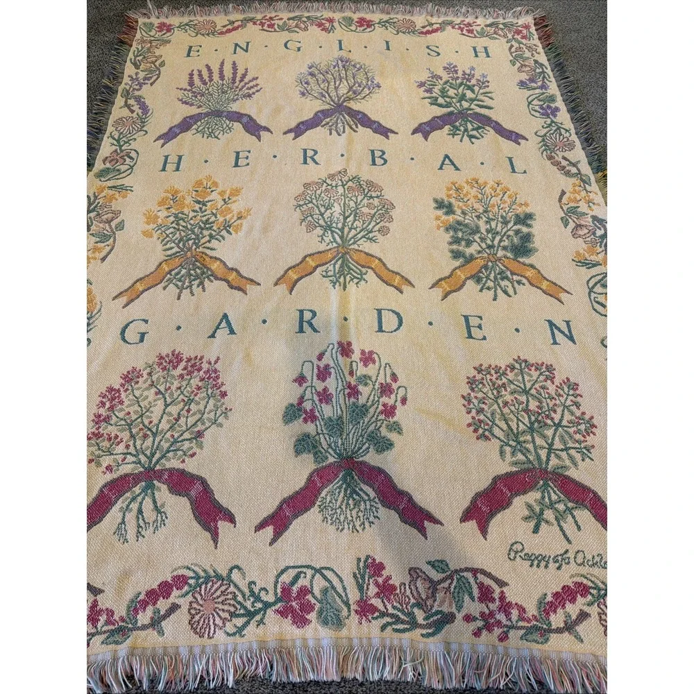 Goodwin Weavers Vintage 100% Cotton English Herbal Garden Tapestry Throw Blanket